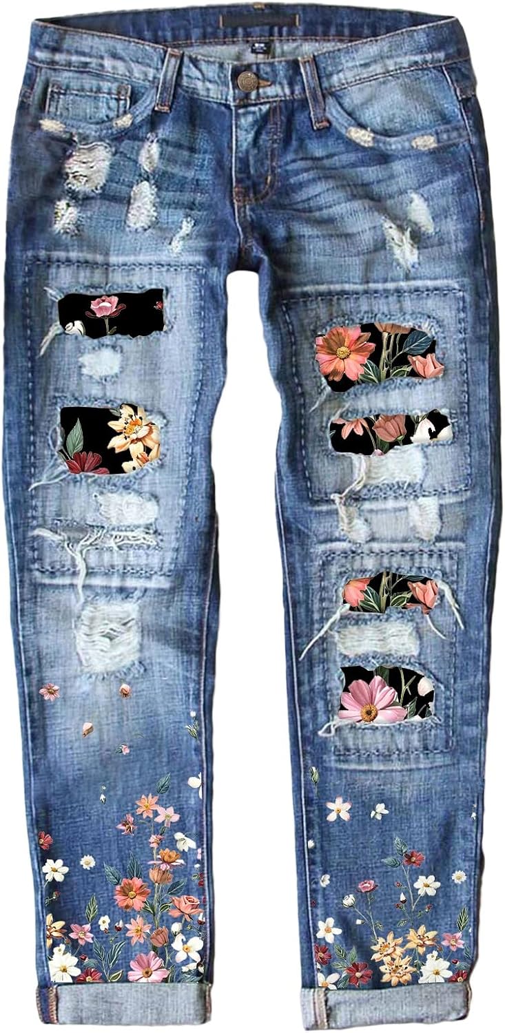 Astylish Womens Plaid Patch Ripped Boyfriend Distressed Stretch Skinny Denim Jeans with Hole