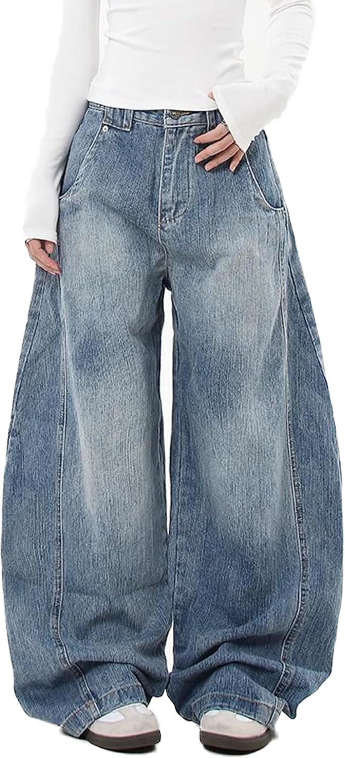 Womens Baggy Jeans Vintage Oversized Pants Aesthetic Hip Hop Jeans Relaxed Fit Ultra Flared Bottom Casual Streetwear Style