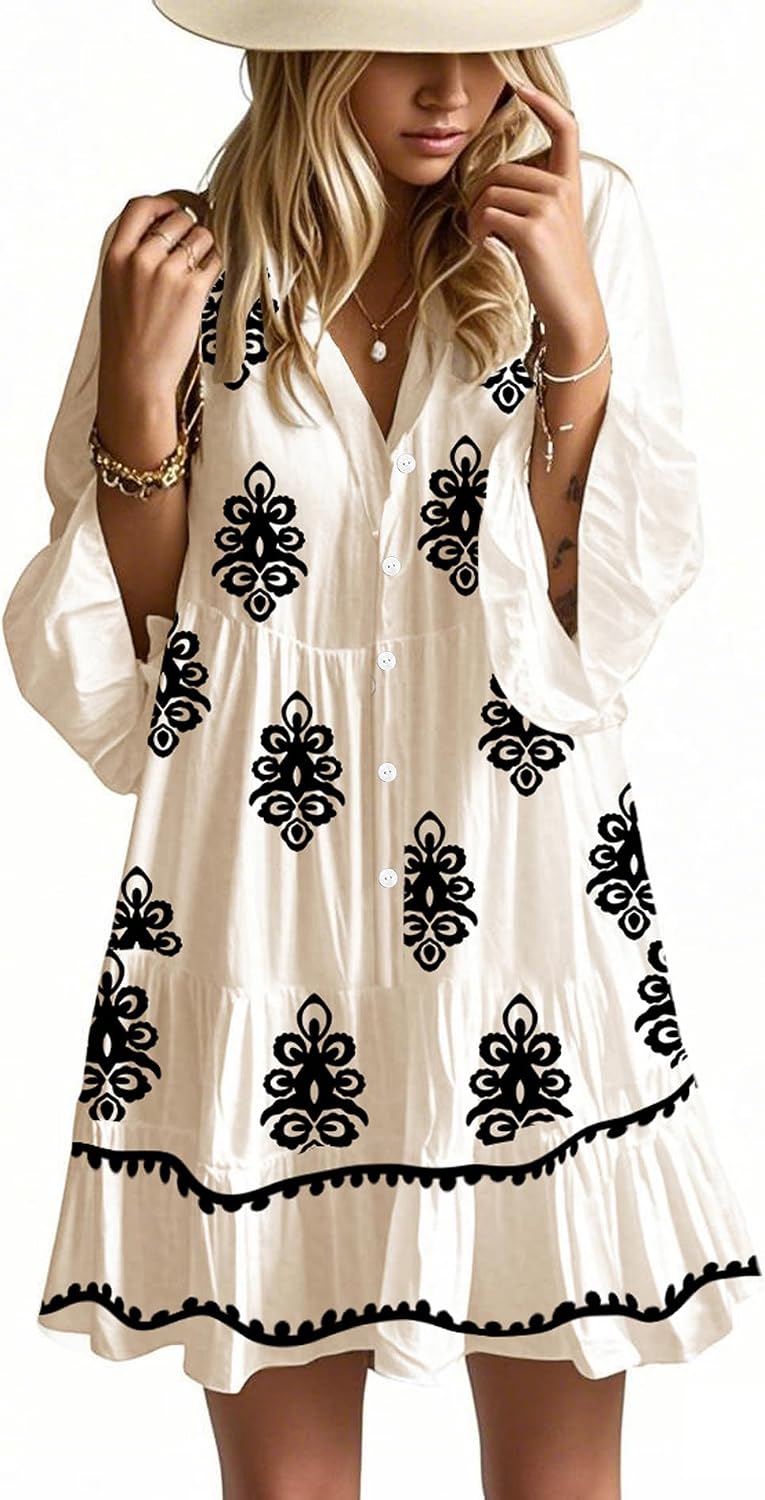 Opemiby Summer Dresses for Women 2026 Flowy Ruffle 3/4 Sleeve V Neck Tiered Casual Babydoll Boho Beach Mini Dress