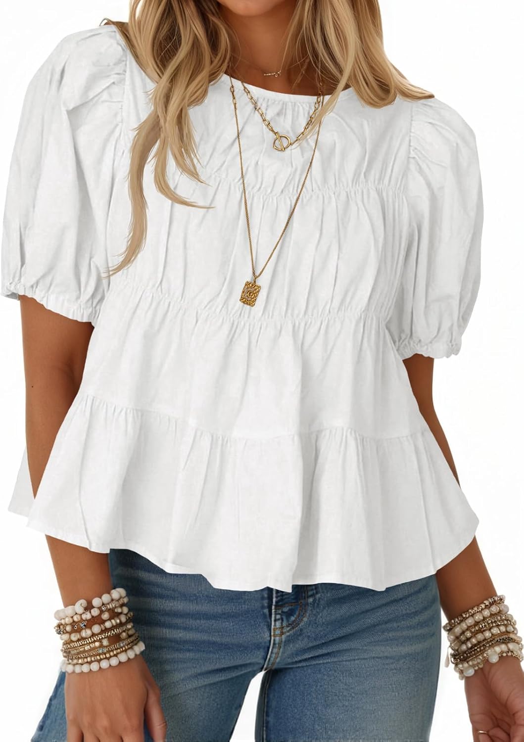 Tankaneo Womens Puff Sleeve Peplum Babydoll Tops Summer Flowy Pleated Cotton T-Shirts Casual Loose Fit Cute Blouse