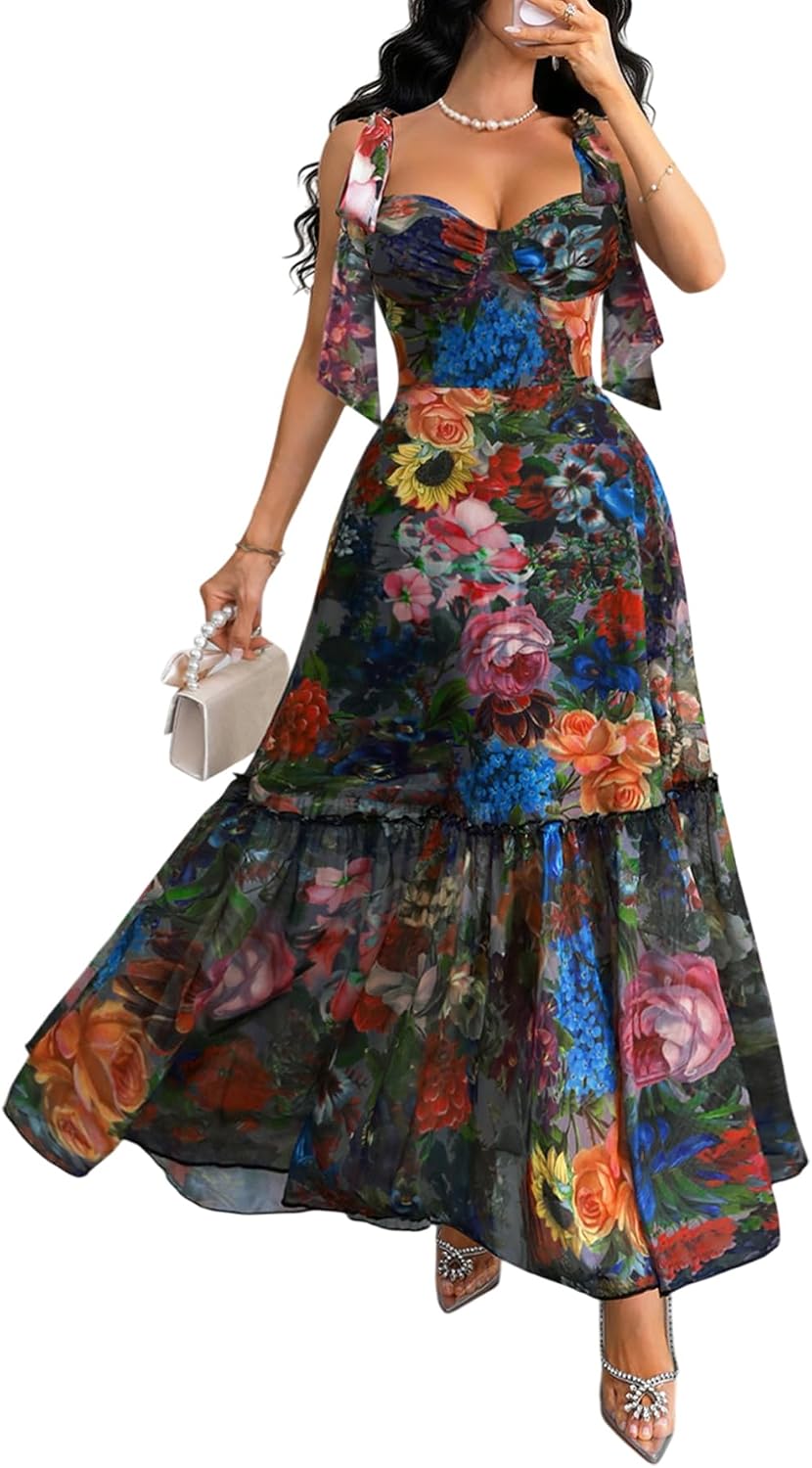 GothDark Women’s Floral Maxi Dress Tiered Ruffle Mesh A-Line Sweetheart Neckline Boho Beach Casual Wedding Guest Dresses