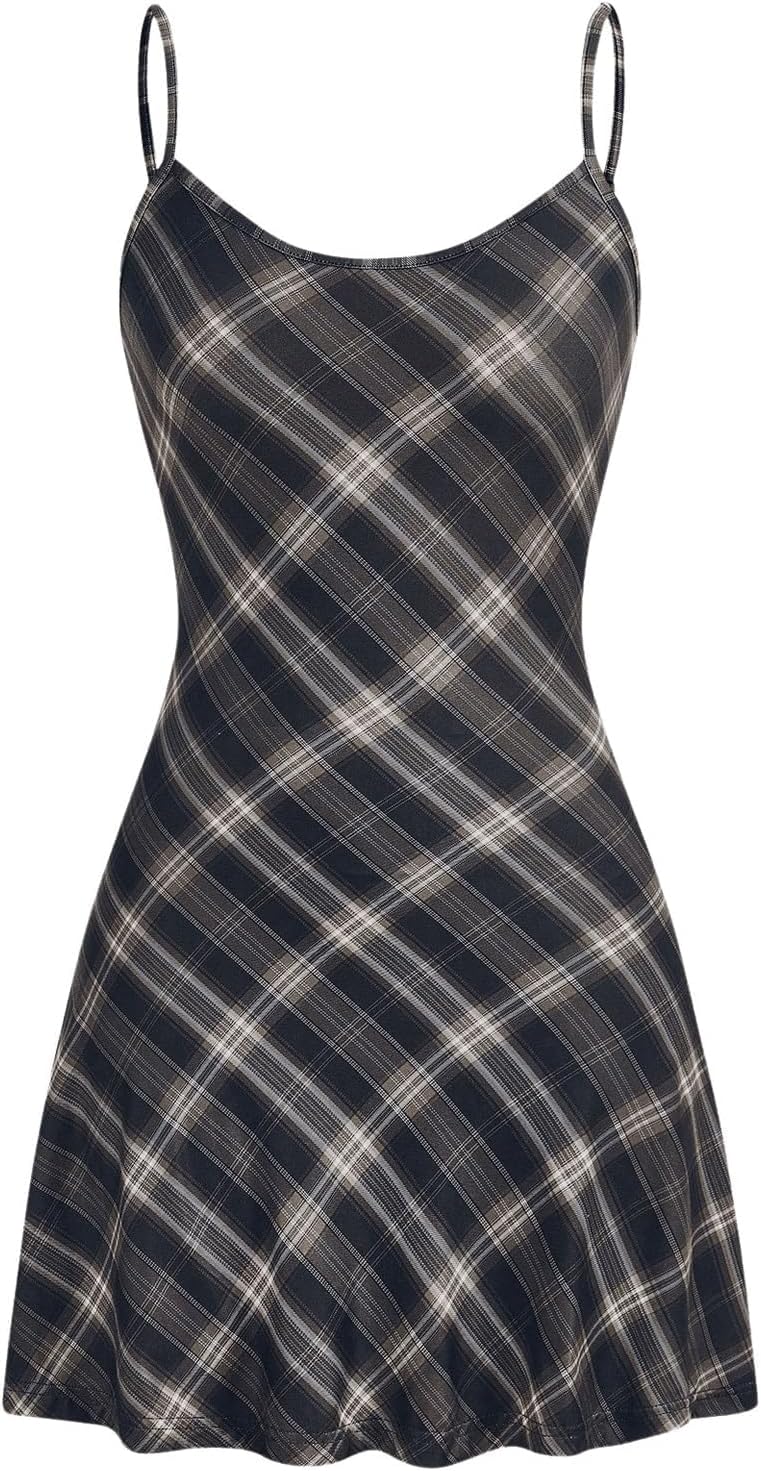 WDIRARA Women’s Plaid Spaghetti Strap Cami Dress Sleeveless Flared Hem Mini Dress