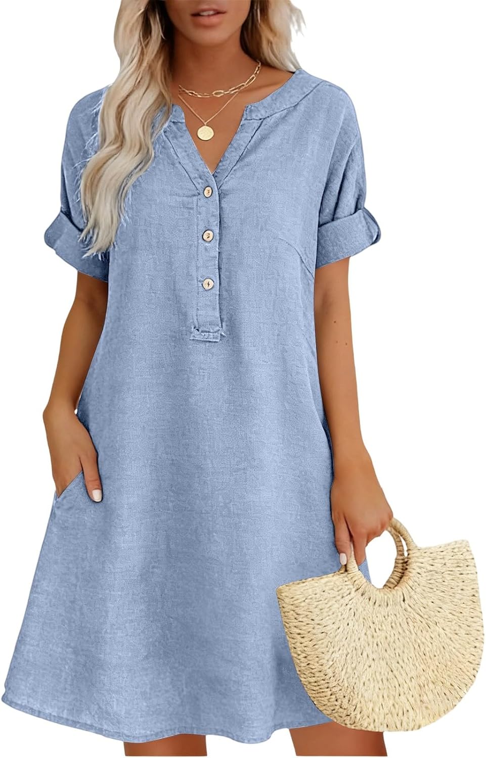 Summer Dress for Women Cotton Linen Short Sleeves Boho Flowy House Dresses Plus Size Lounge Sun Dress with Pockets