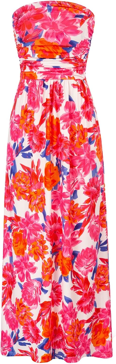GRACE KARIN Women Strapless Dress Casual Loose Ruched Long Maxi Dress with Pockets