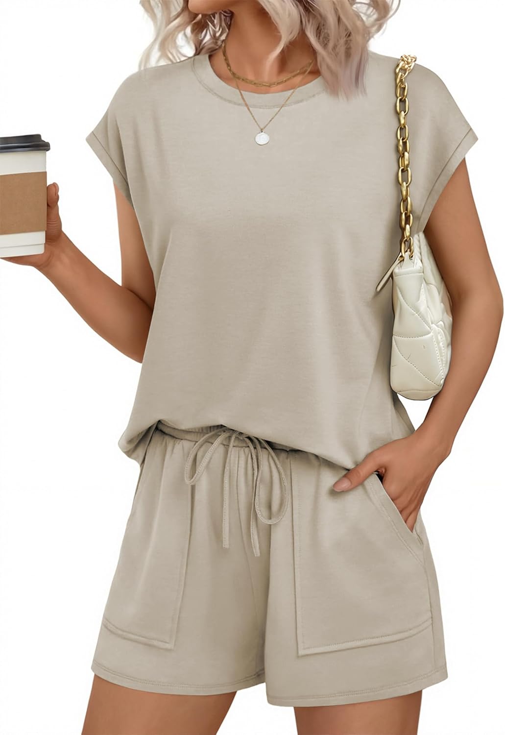Ekouaer Two Piece Sets for Women Summer Crew Neck Lounge Short Sets Cap Sleeve Drawstring Vacation Outfits with Pocket