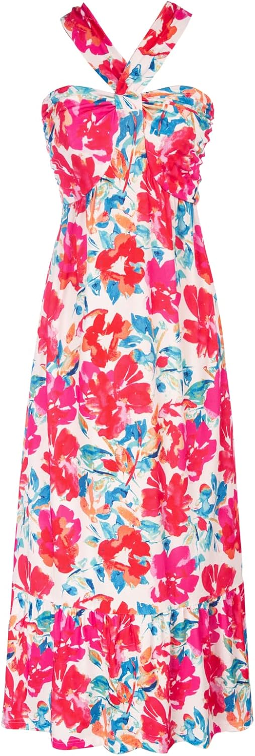 GRACE KARIN Womens Summer Floral Dresses 2026 Boho Maxi Dress Flowy Halter Sundress Casual Vacation Beach Clothes with Pocket