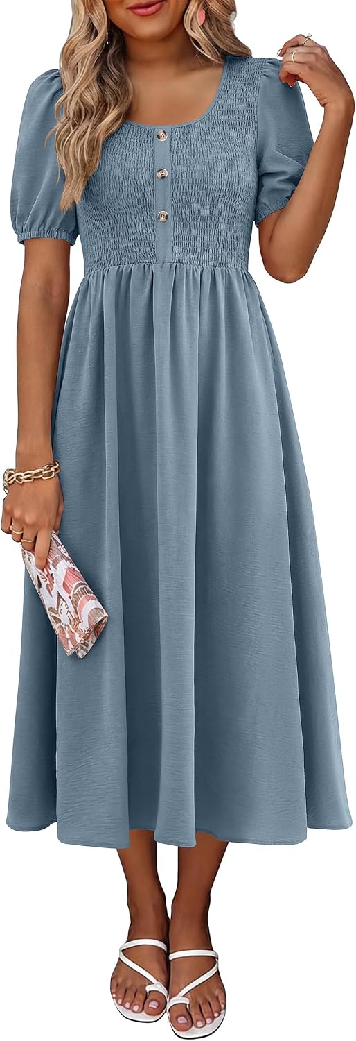 ANRABESS Women Summer Casual Puff Short Sleeve Scoop Neck Smocked Button Up High Waist Flowy Vacation Midi Dresses & Pockets