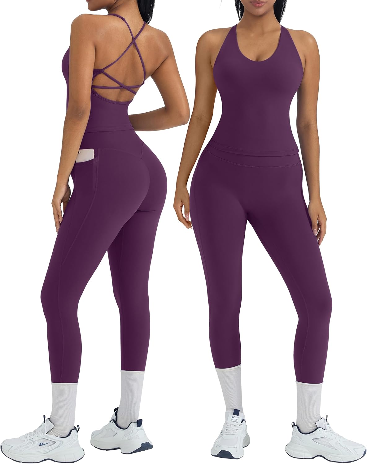 OMKAGI 2 Piece Workout Sets for Women Padded Workout Tops Booty Leggings with Pockets Gym Sets