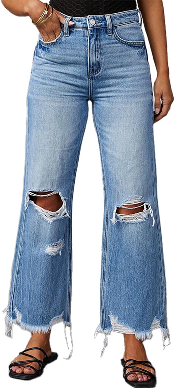 cffvdiz Women’s Ripped Bell Bottom Jeans High-Rise Distressed Raw Edge Hem Boyfriend Wide Leg Denim Pants