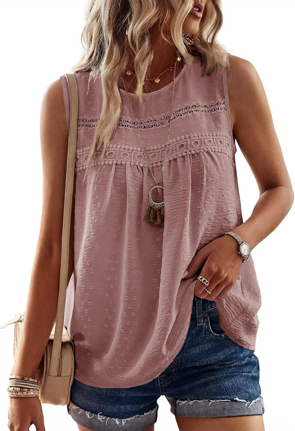Falechay Womens Summer Tops Boho Shirts Crewneck Sleeveless Tank Tops Flowy Lace Hem Casual Blouses Clothing Trendy 2026
