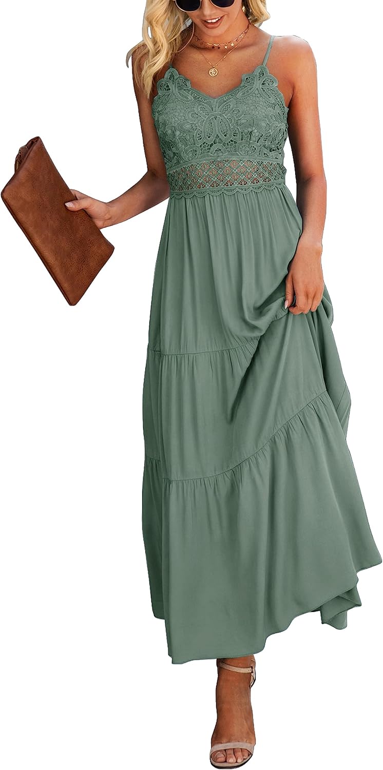 Dokuritu Women’s Beach Crochet Lace Maxi Dress Solid Color Summer Vacation Wedding Guest Spaghetti Strap Long Dress