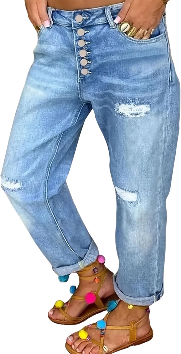 Women’s Distressed Boyfriend Jeans Light Wash High Waisted Button Fly Relaxed Fit Straight Leg Denim Pants with Ripped Knee