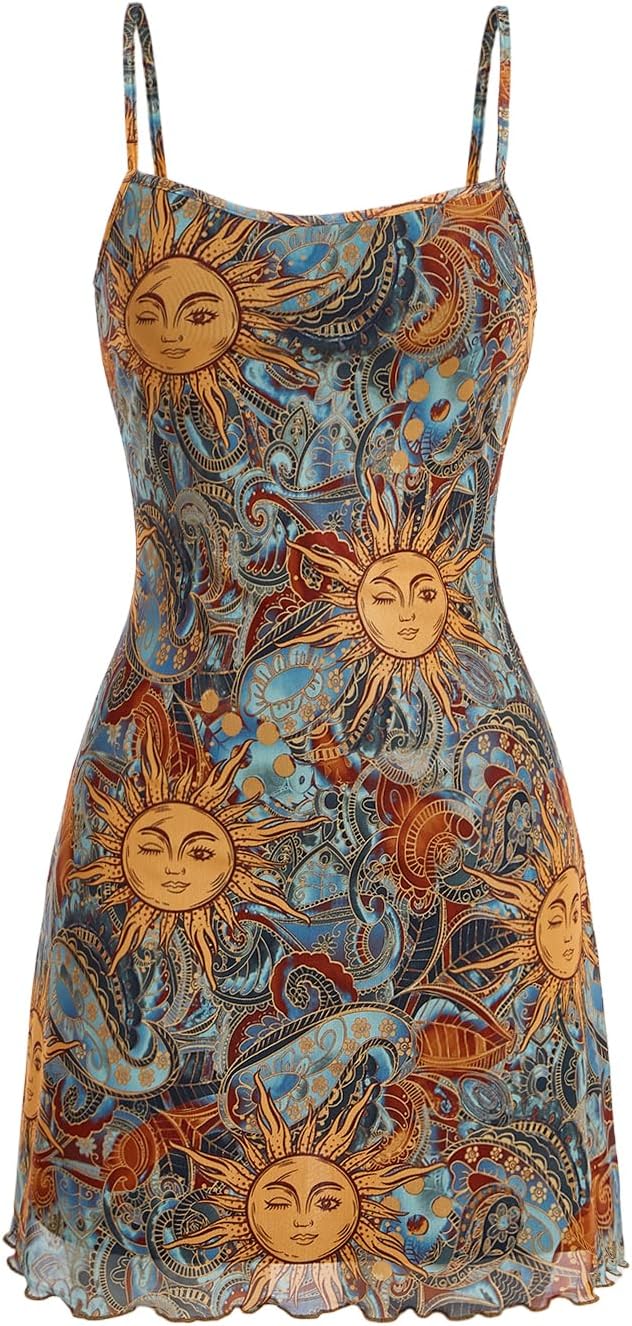 Milumia Mini Dress for Women 90s Boho A Line Mesh Short Dresses | Spaghetti Strap,Sleeveless,Vintage,Paisley Print,Festival,Going Out,Cowlgirl,Y2k,