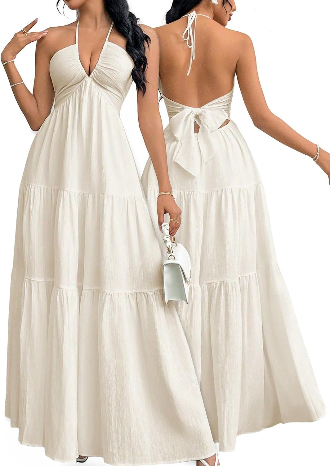 Narecte Women’s Maxi Summer Dresses Halter V Neck Beach Dresses for Women A-Line Casual Dress for Vacation
