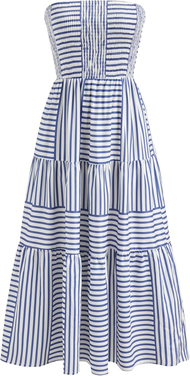 CIDER Women’s Strapless Dress with Pockets Tube Striped Long Midi Dresses A Line Beach Vacation Casual Summer Outfits