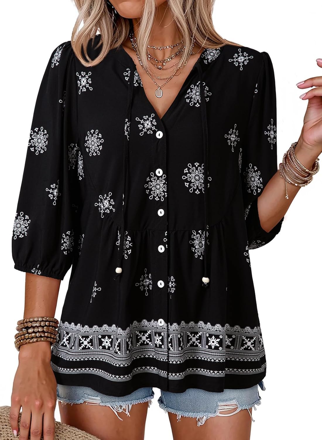 Dokotoo Womens Summer Tops Boho Floral Short Sleeve Button Down V Neck Peplum Babydoll Casual Loose Blouses Shirts