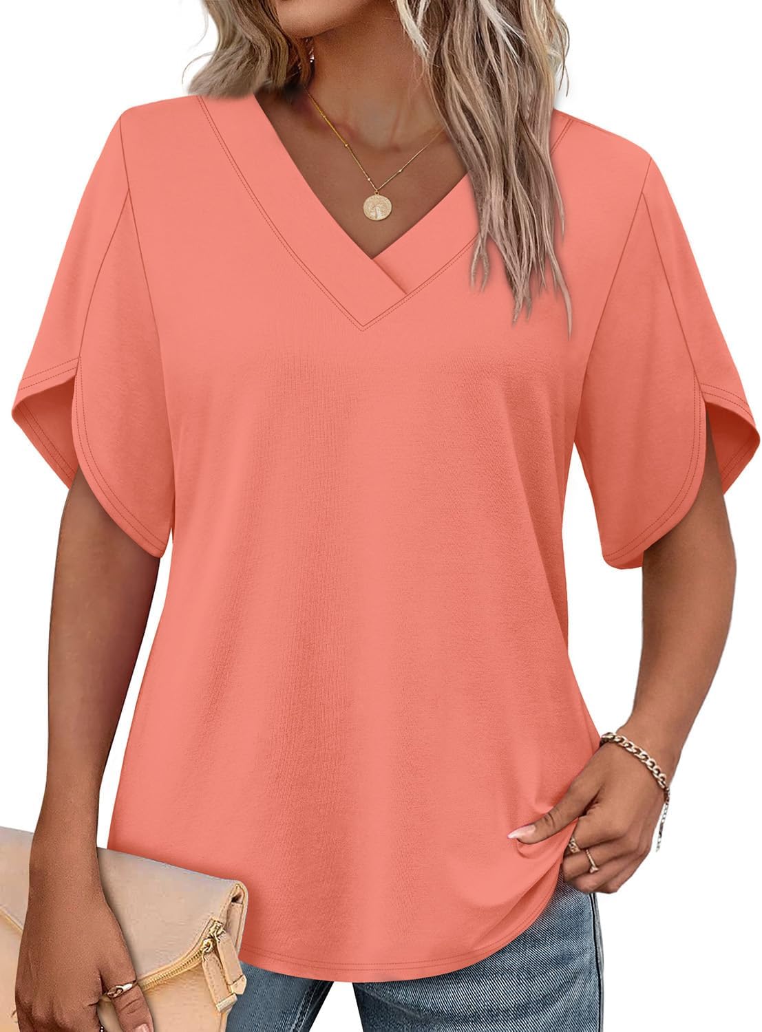 WIHOLL Womens Summer Tops Short Petal Sleeve Shirts Fashion V Neck Womens Clothing