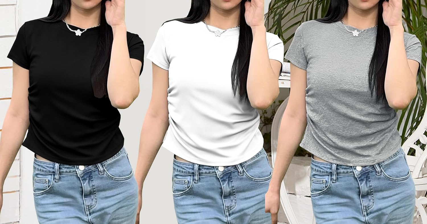3-Pack Basic Crew Neck T-Shirts for Women Slim-Fit Soft Short Sleeve Tees Solid Color Casual Tops for Daily Wear