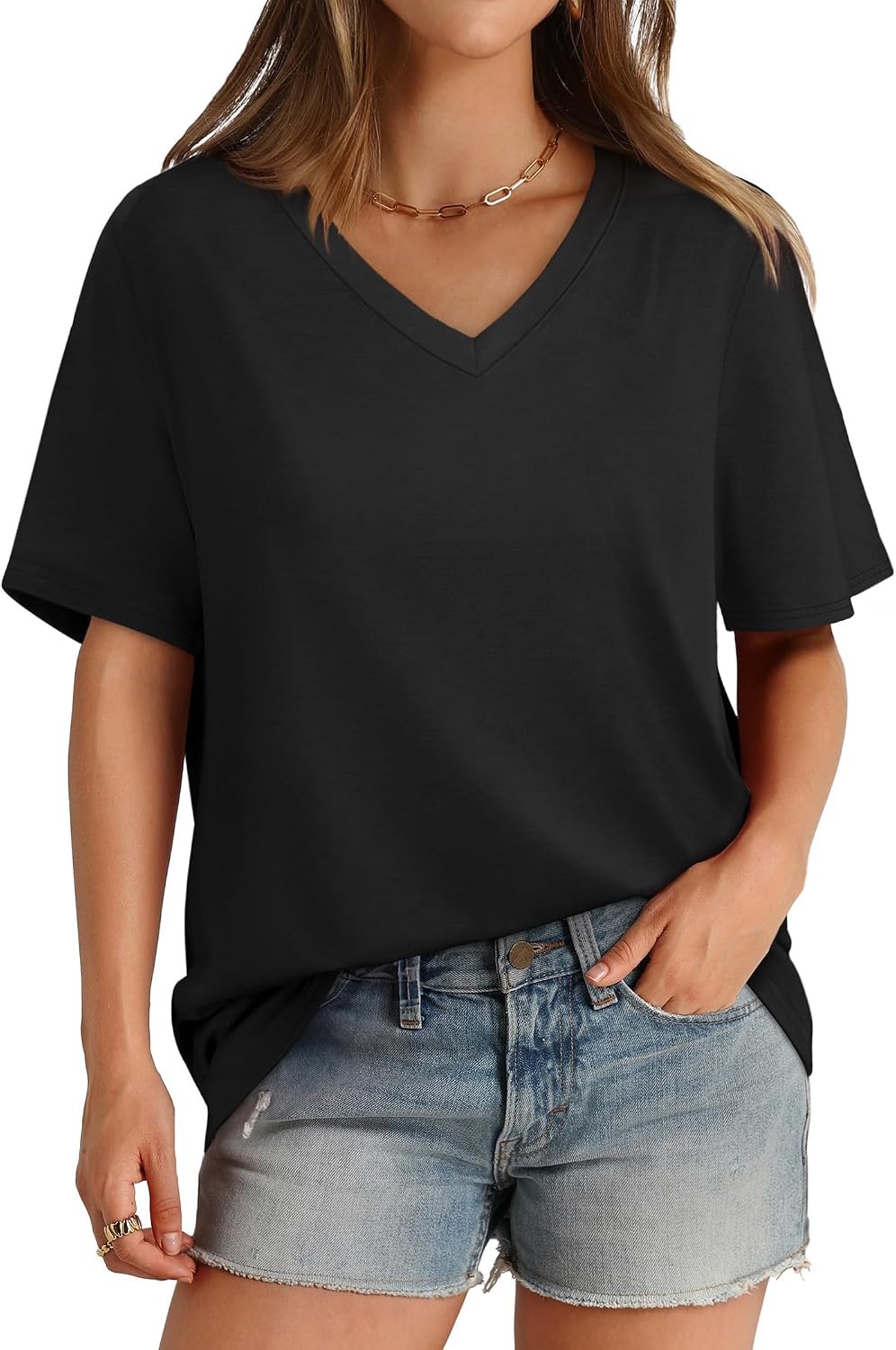 Aokosor Womens V Neck Short Sleeve T Shirts Summer Tops 2026 Casual Loose Tees Trending Now S-4XL