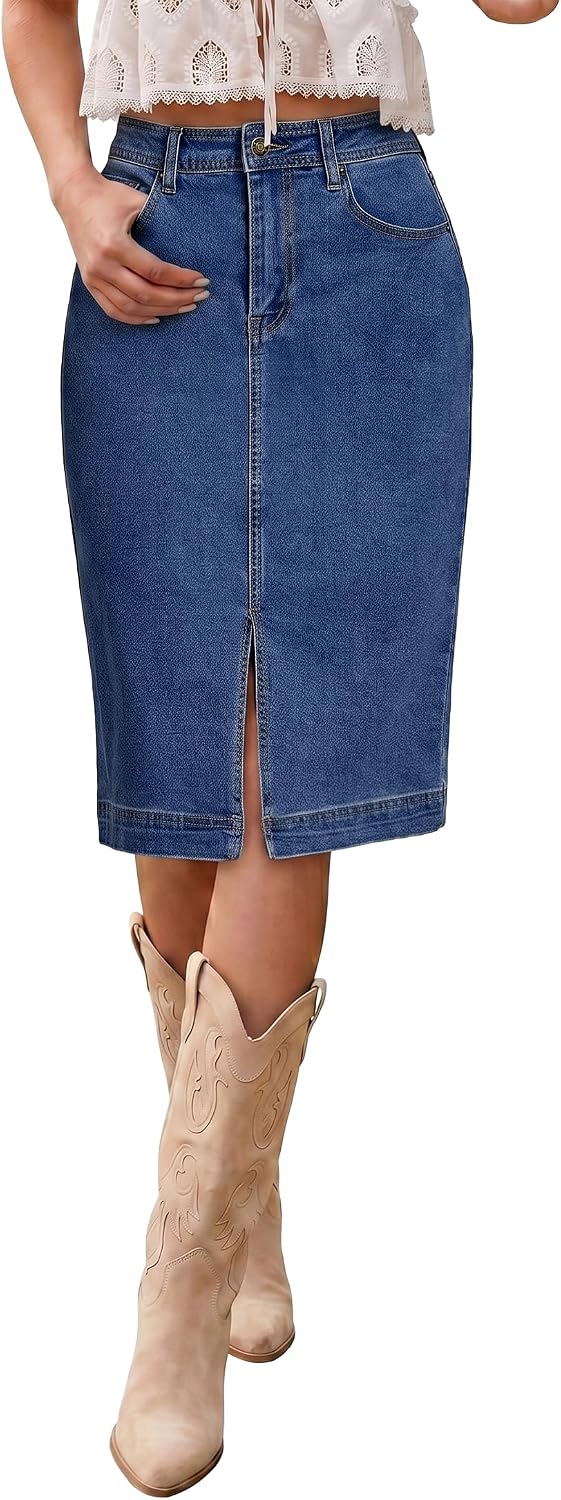 luvamia Jean Skirts for Women Denim Trendy Summer Casual Stretchy High Waisted Midi Below Knee Pencil Skirt with Slit