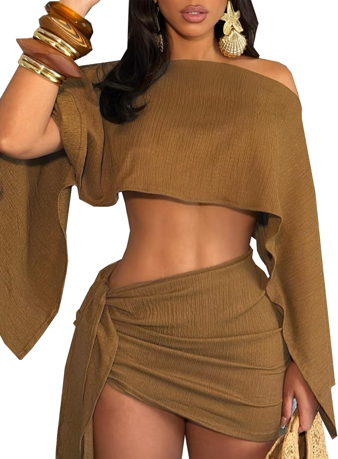 JYAOVO Women’s 2 Piece Outfits Batwing Off Shoulder Irregular Crop Top and Mini Skirt Set Sexy Matching Sets