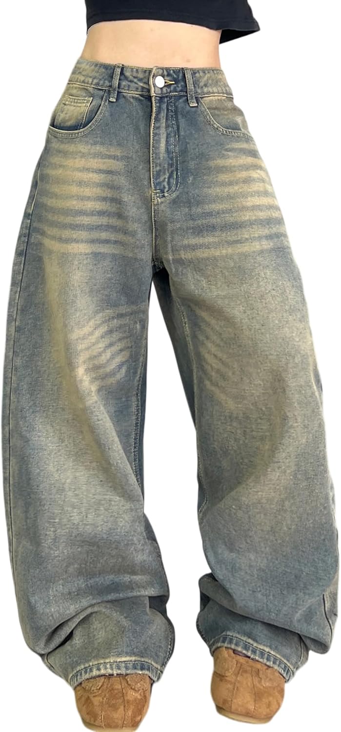 Women Wide Leg Baggy Jeans Hip Hop Boyfriend Vintage Y2K Denim Pants Loose Long Trousers Streetwear