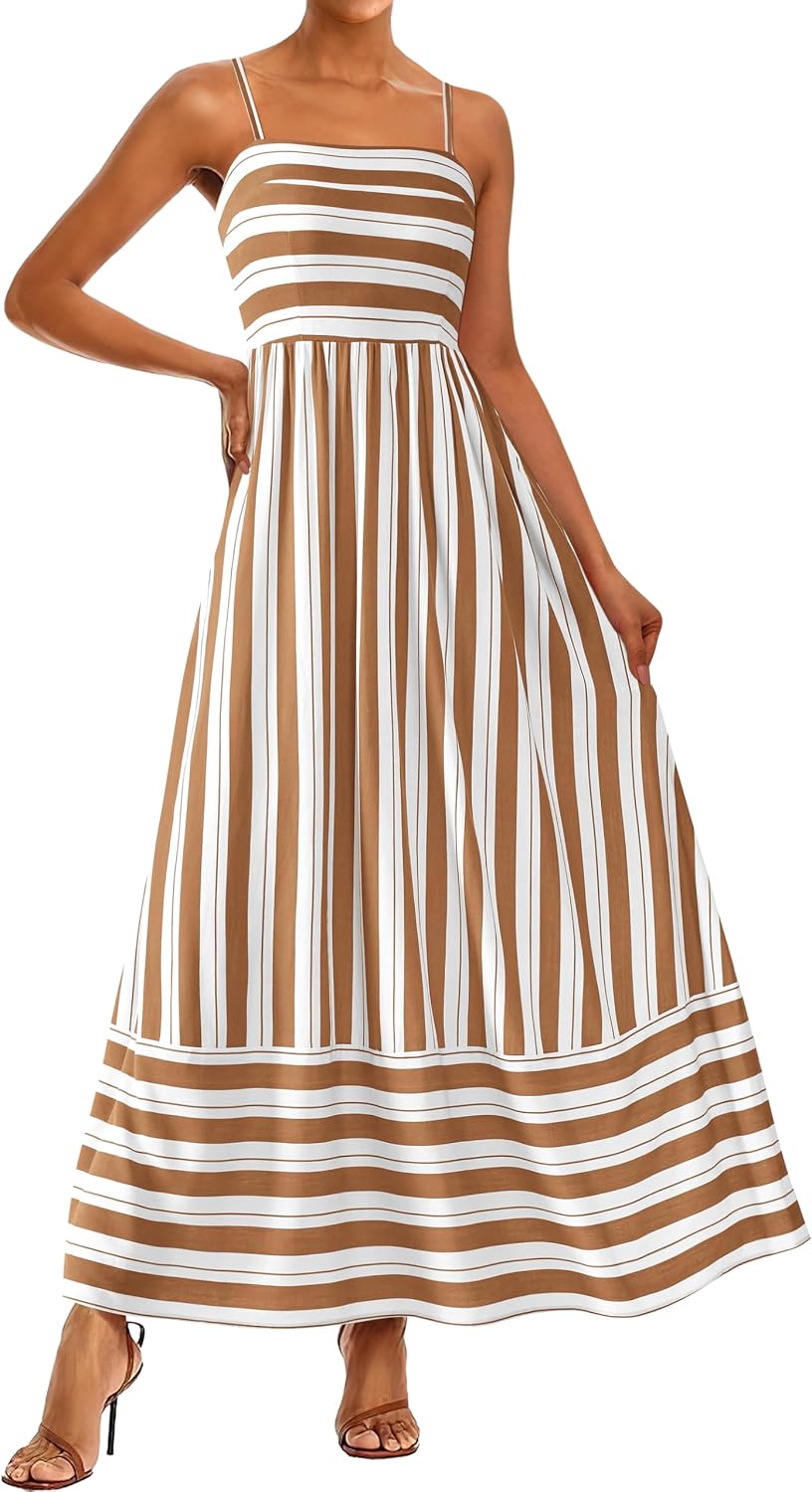 PRETTYGARDEN Women Summer Maxi Dresses 2026 Spaghetti Strap Boho Floral Striped Wedding Guest Beach Vacation Flowy Long Dress