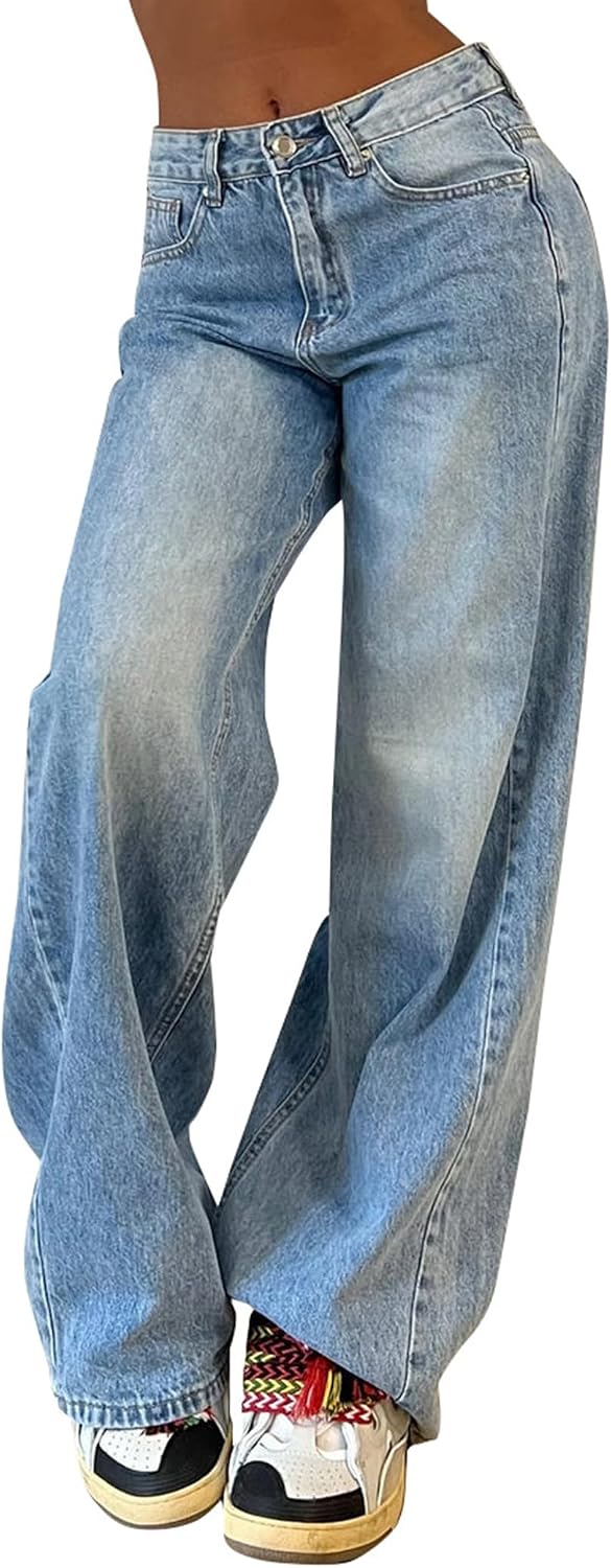 Womens Baggy Jeans Loose Boyfriend Wide Leg Casual Denim Pants High Waist Y2K 90S Vintage Trouser Jeans