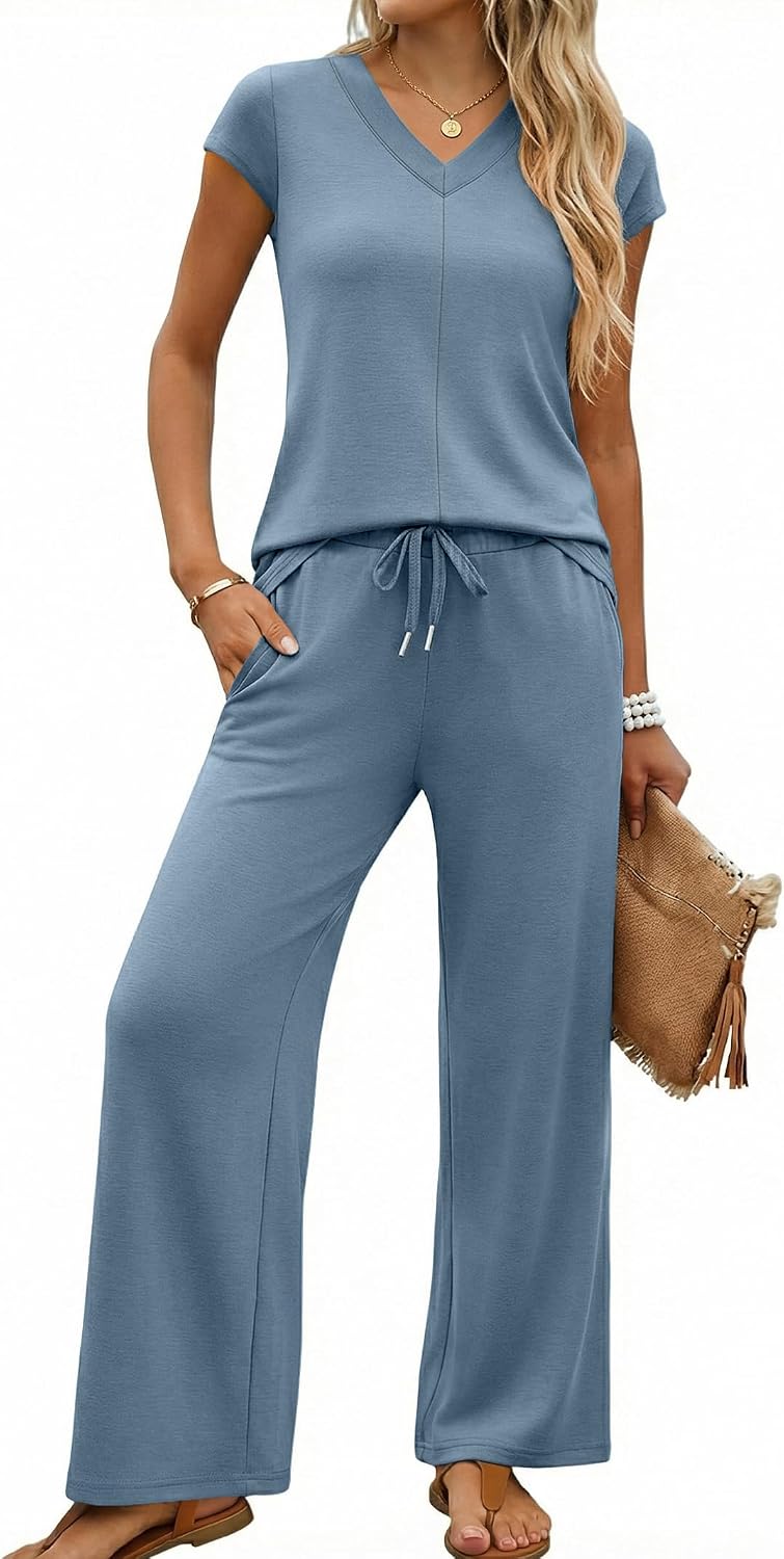 Casly Lamiit Two Piece Sets for Women Side Slit Summer Travel Outfits V Neck Wide Leg Pant Matching Clothes Lounge Set