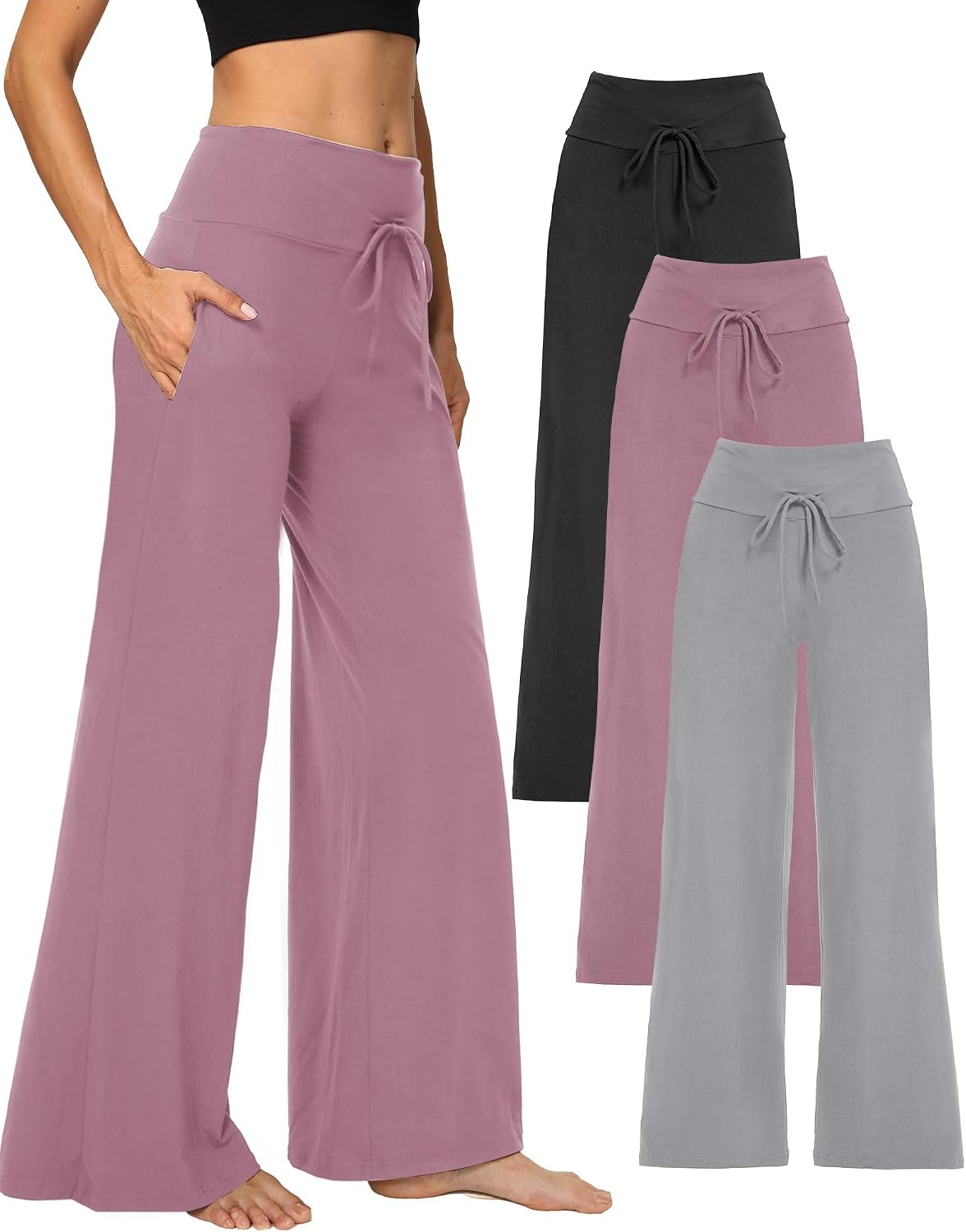 Showitty 1/3 Pack Women’s Wide Leg Pants with Pockets, Casual Loose Pajama Palazzo Trousers Sweatpants for Yoga Lounge