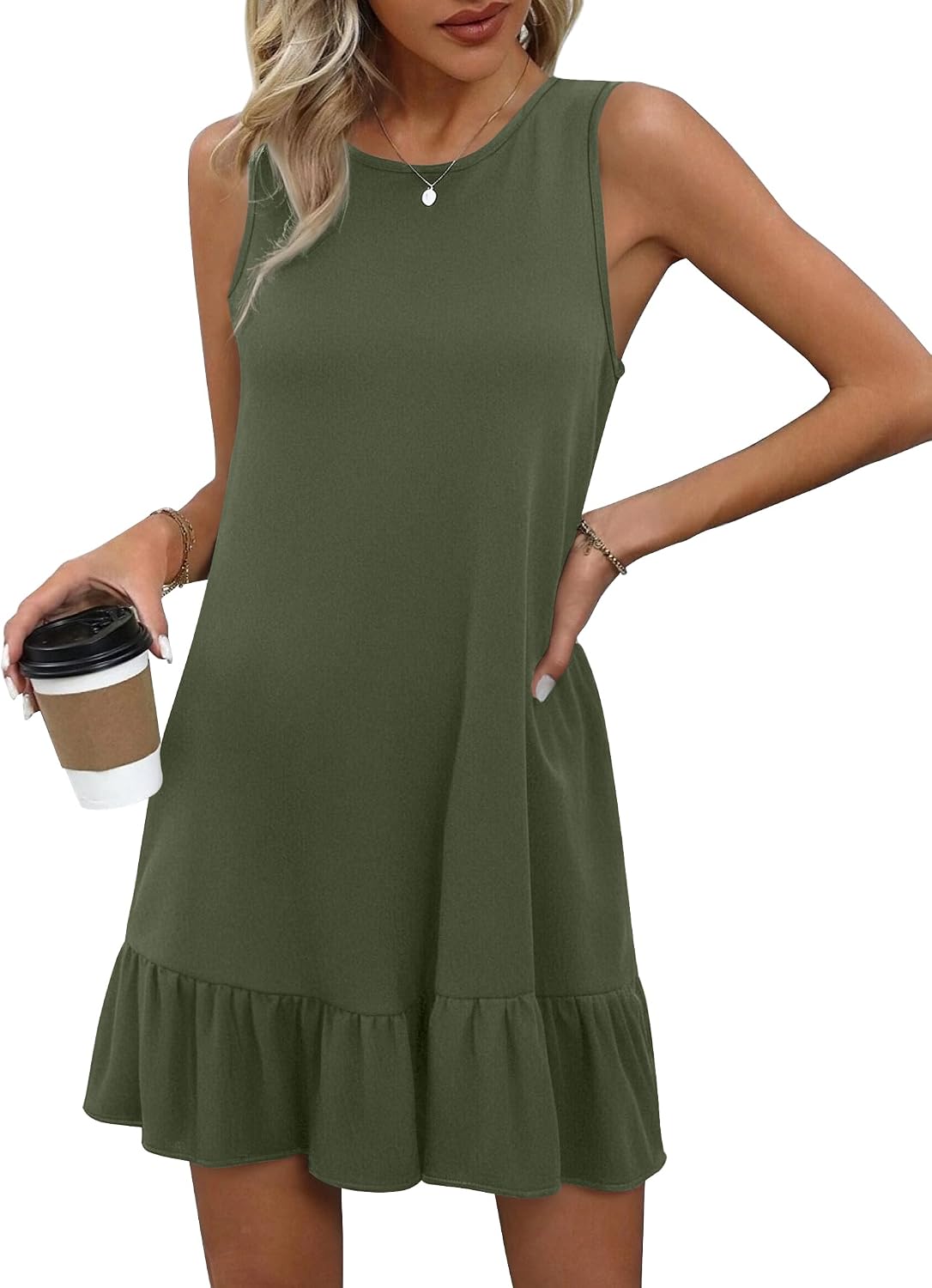 HOTOUCH Women’s Summer Dresses Casual Loose Sleeveless Tshirt Sundress Ruffle Hem Tank Dress Beach Dress with Pockets