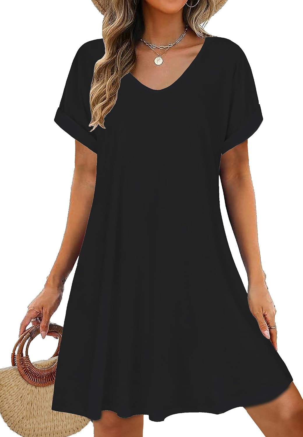 elescat Sundresses for Women 2026 Summer Casual Loose V Neck Short Sleeve Tshirt Dress with Pockets