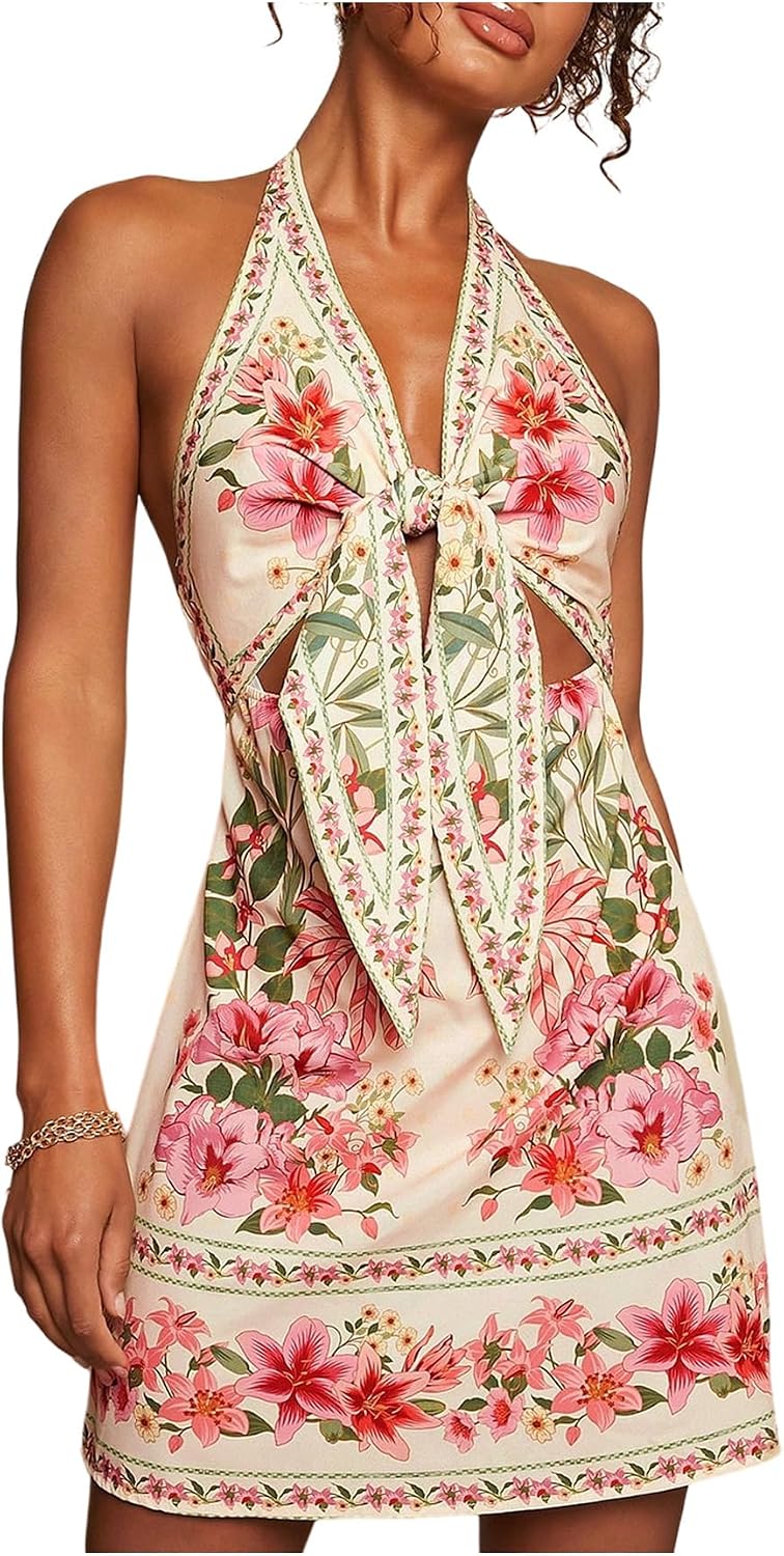 RoseSeek Women’s Tropical Floral Backless Halter Dresses Cut Out Knot Front Sleeveless Vacation Short Dress
