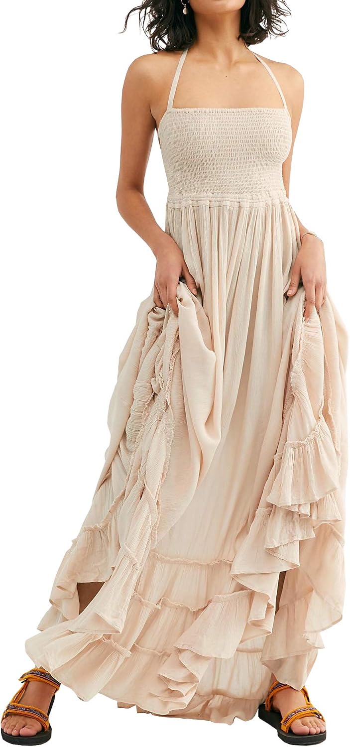 R.Vivimos Womens Summer Boho Sexy Backless Long Dresses