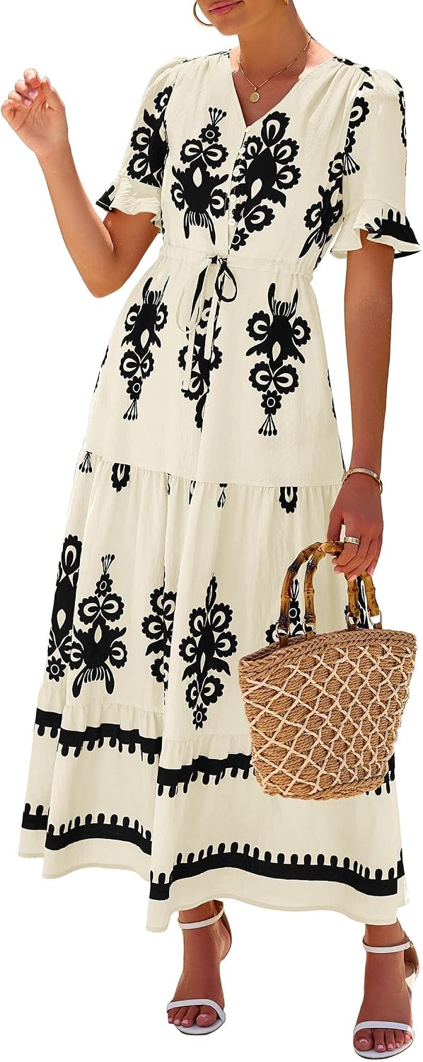 Lazysmile Summer Dresses for Women Short Sleeve V Neck Floral Drawstring Flowy A Line Boho Maxi Dress with Pockets