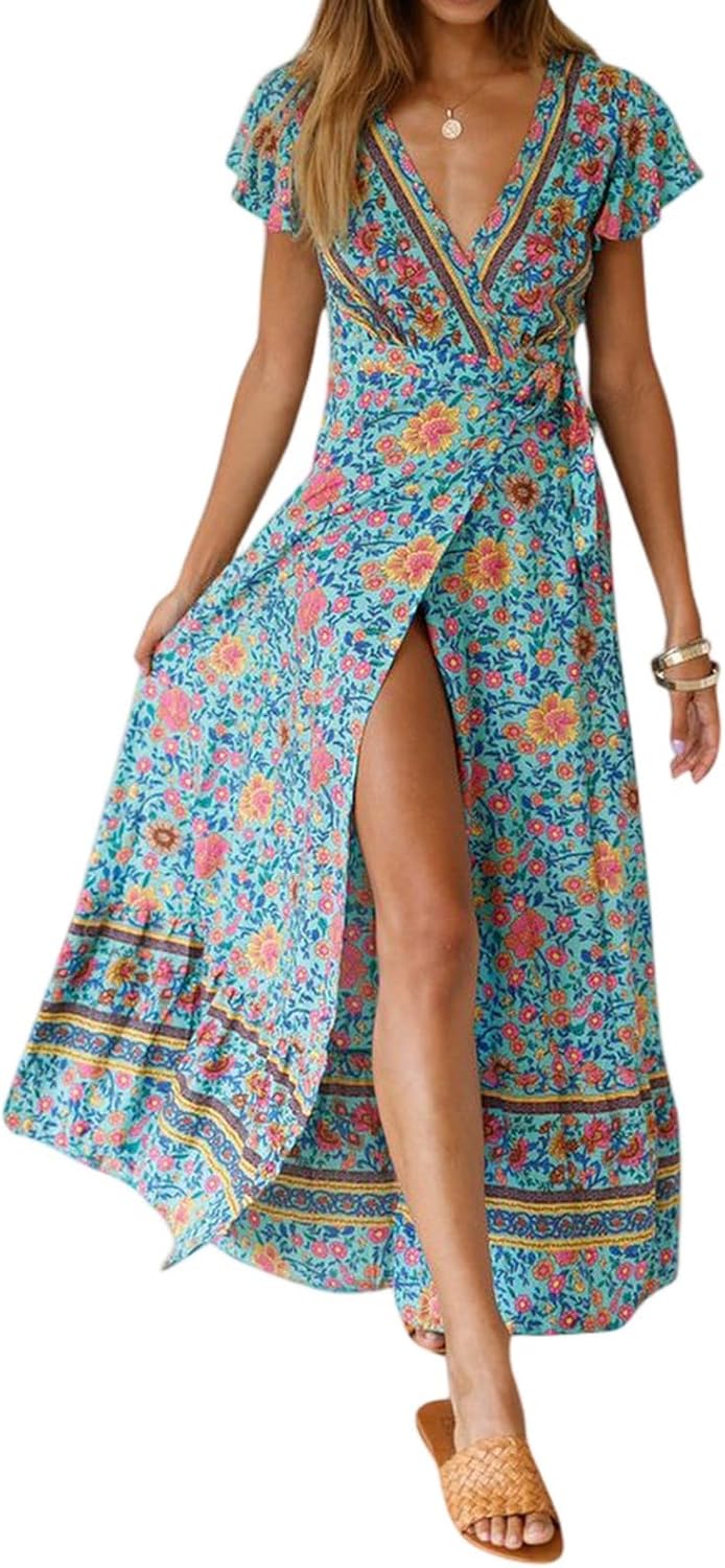 Boho Dresses for Women Summer Floral V Neck Short Sleeve Side Split Maxi Dress Tie Waist Flowy A Line Vacation Dress