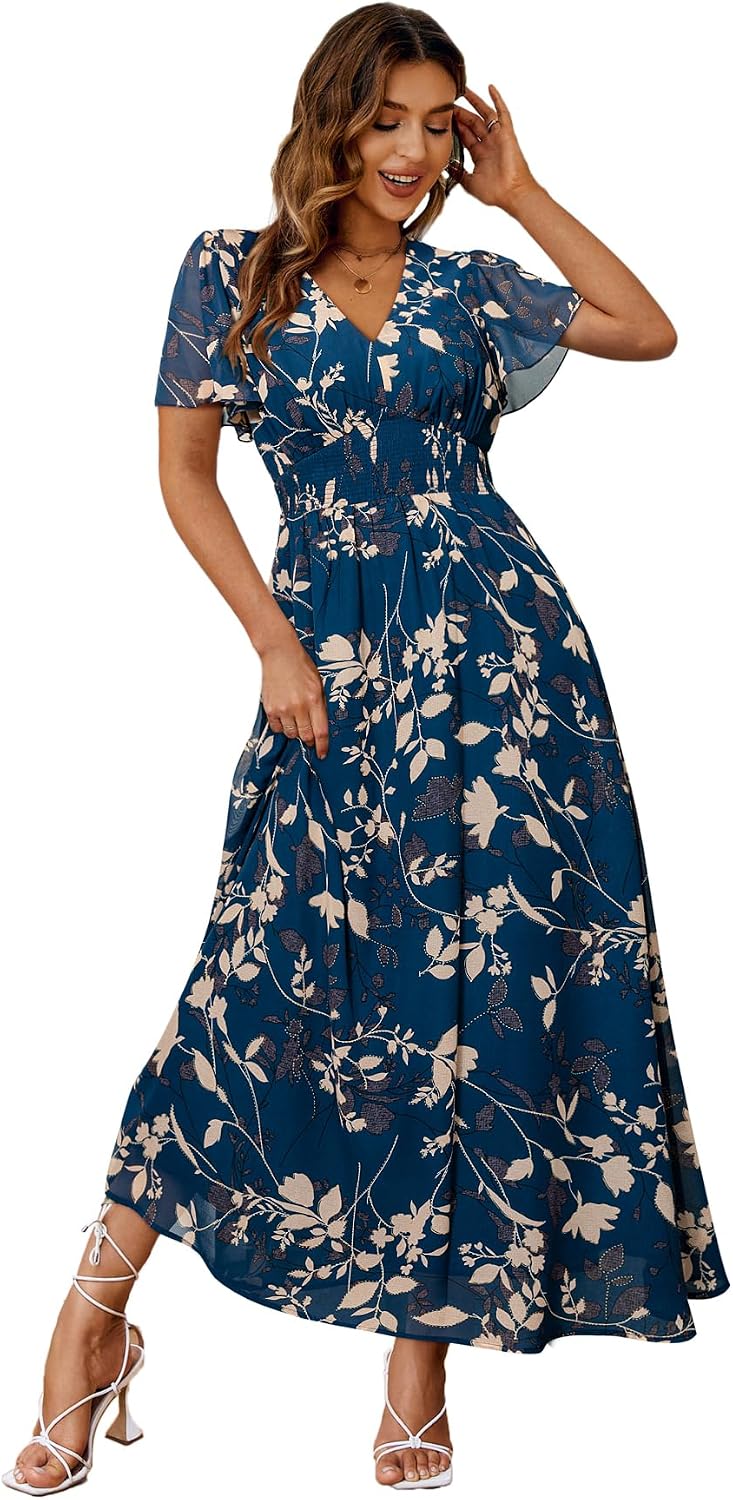 Simplee Women’s Boho Floral Maxi Dress Flowy Casual V Neck Short Sleeve Wedding Guest Holiday Beach Long Dress