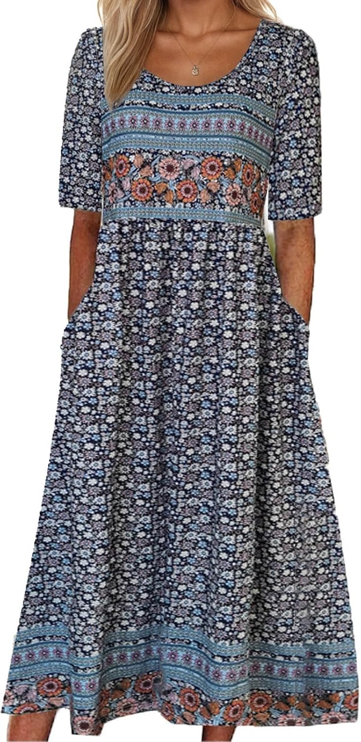 Women’s Boho Floral Maxi Dress Casual Boho 2026 Summer Short Sleeve Beach Dresses with Pockets
