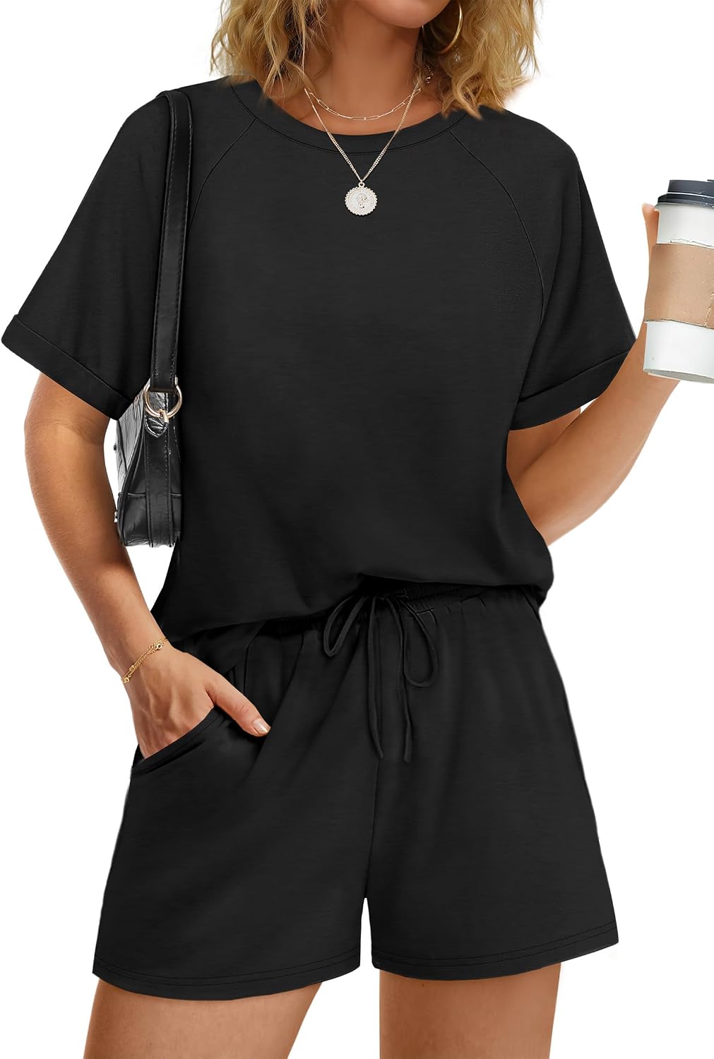 WIHOLL Two Piece Short Sets for Women Casual Summer Outfits Short Sleeve Crew Neck Lounge Matching Set
