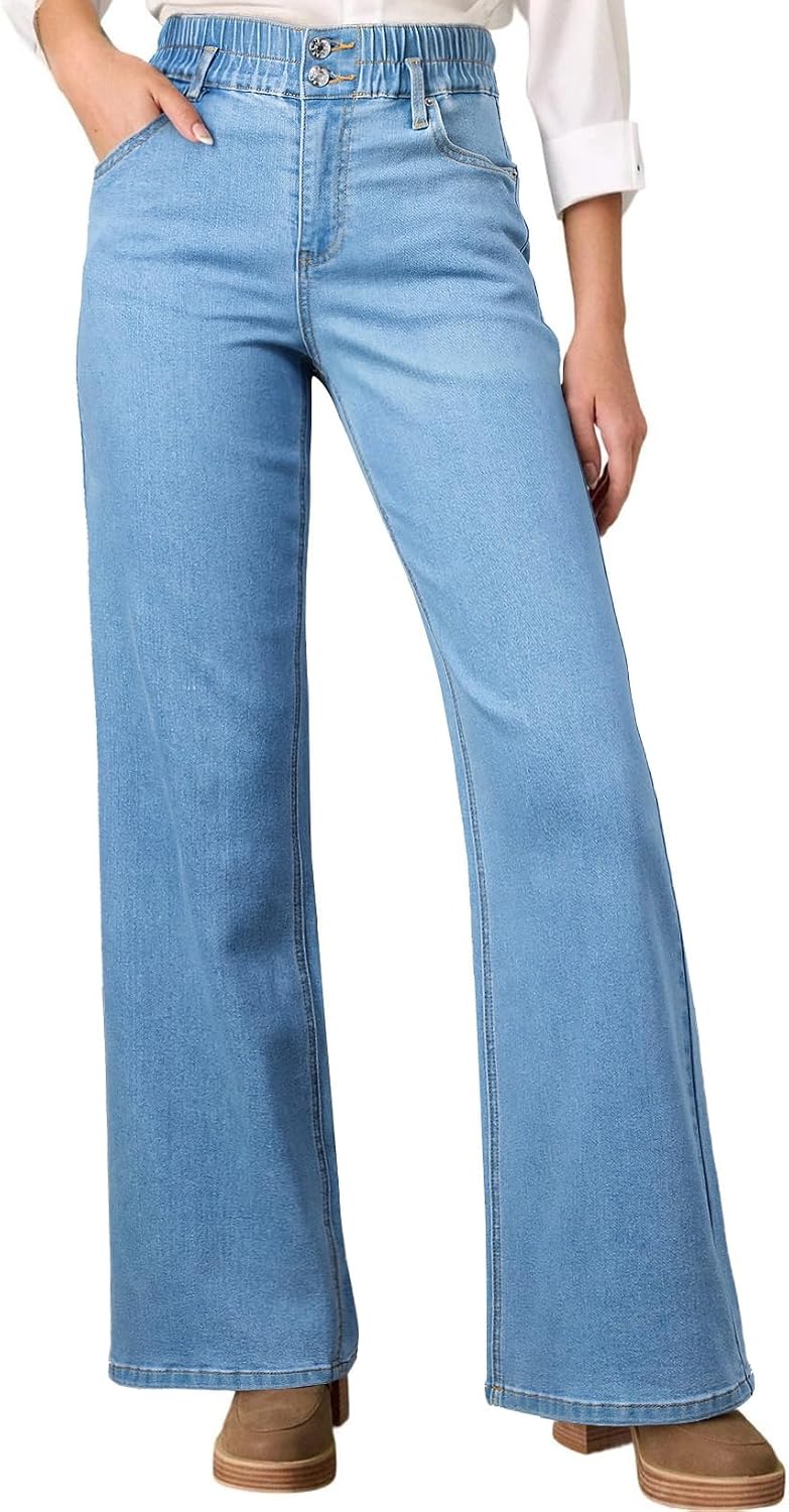 Astylish Women’s Pull On Stretchy Elastic High Waisted Jeans Trendy Wide Leg Baggy Straight Trouser Jeans