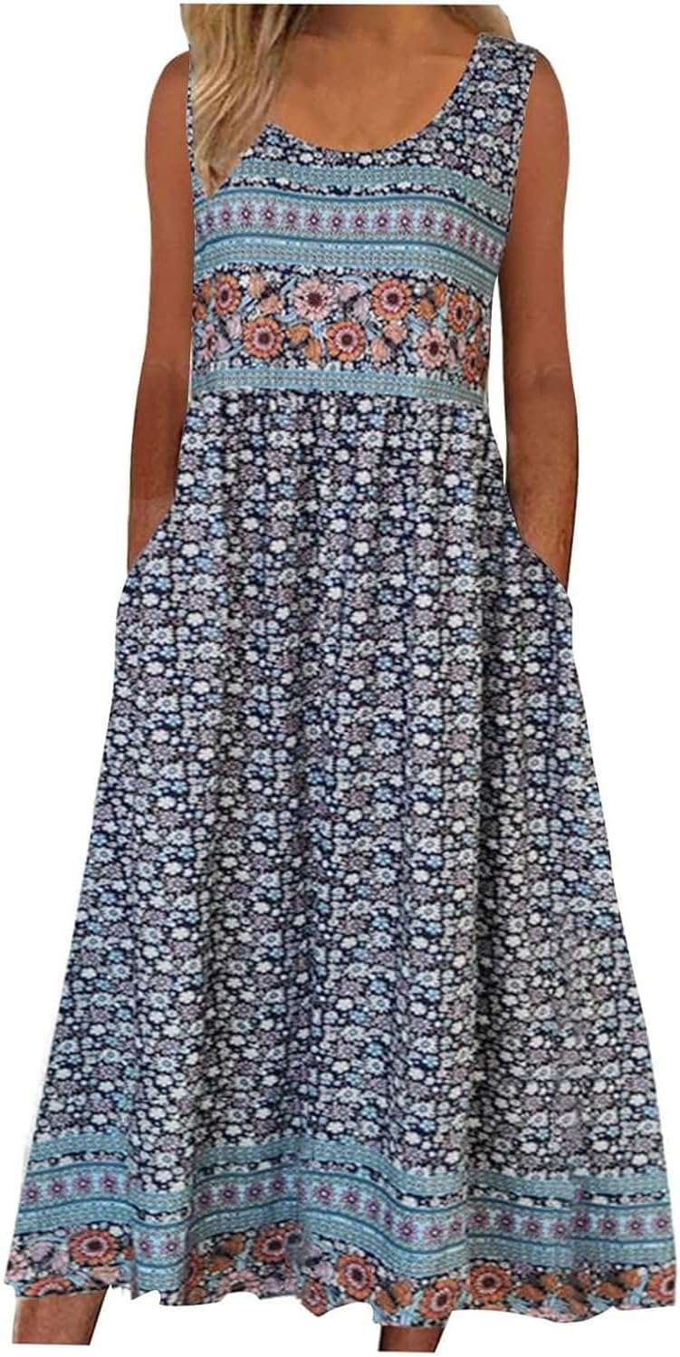 Women’s Boho Floral Sleeveless Maxi Sundresses Casual Loose Summer Beach Vacation Tank Dresses with Pockets