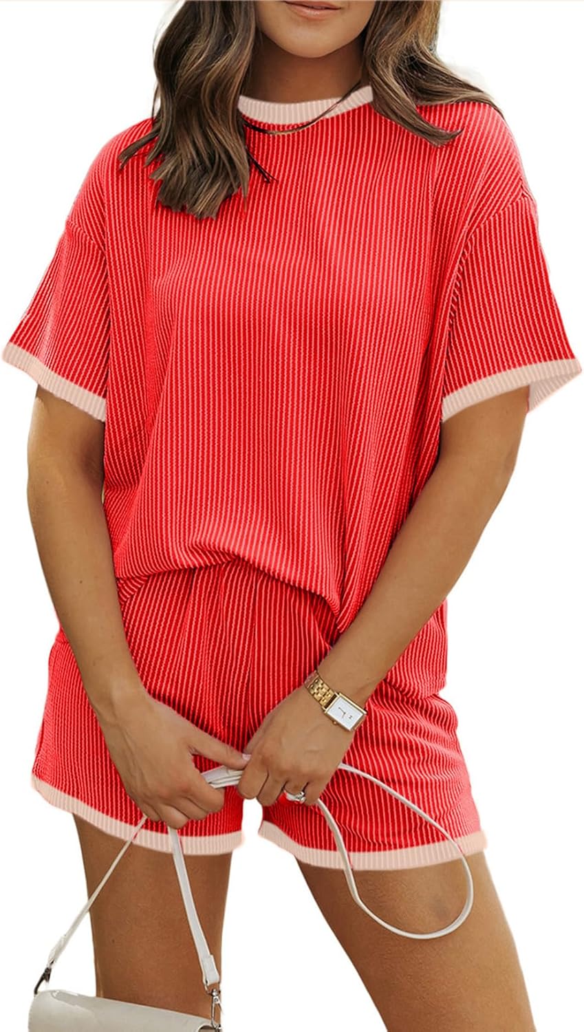 MARZXIN Women 2 Piece Shorts Set 2026 Casual Summer Cruise Outfits Ribbed Loose Short Sleeve Pocket Matching Lounge Sets
