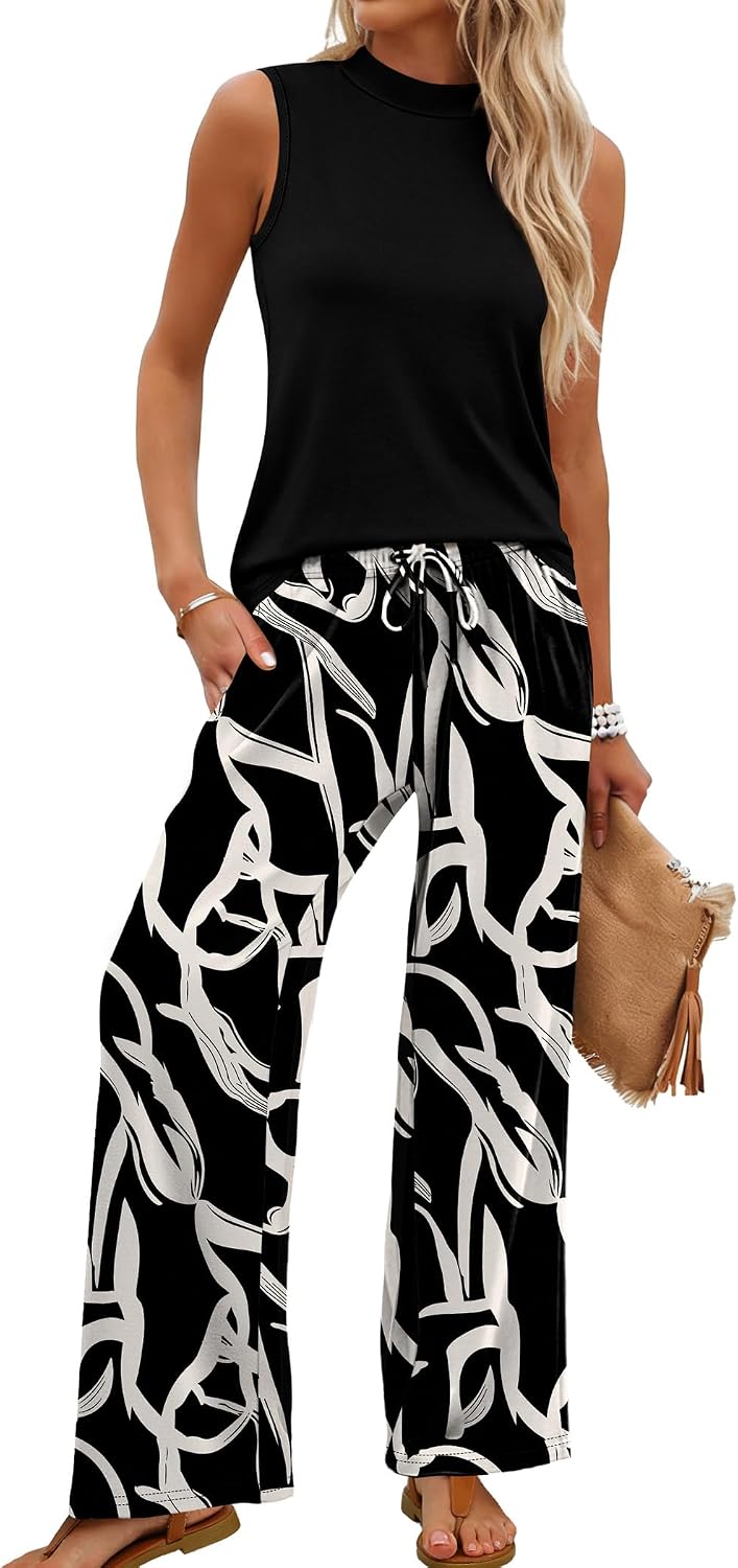 WIHOLL Two Piece Set for Women Summer Spring Outfits Cruise Travel Airport Beach Vacation Mock Neck Wide Leg Pants Set