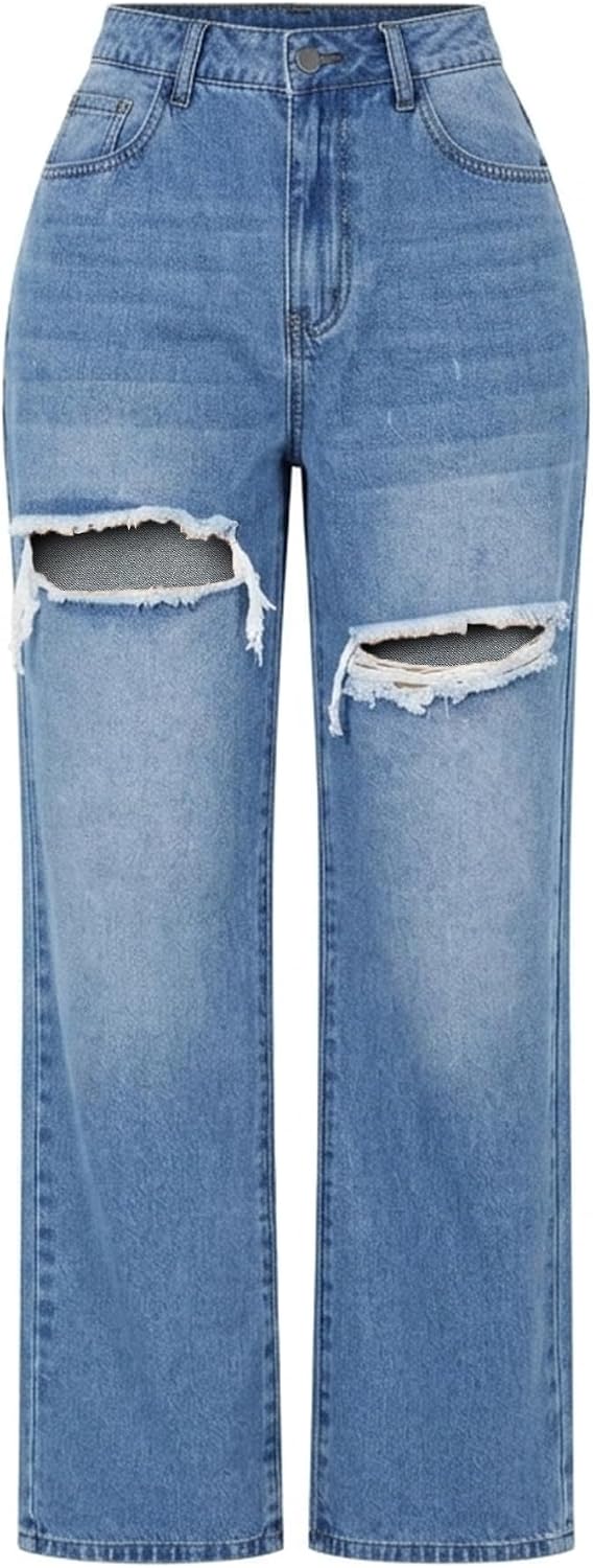 Womens Distressed Straight Leg Jeans High Waisted Wide Leg Baggy Jeans Boyfriend Casual Denim Pants.