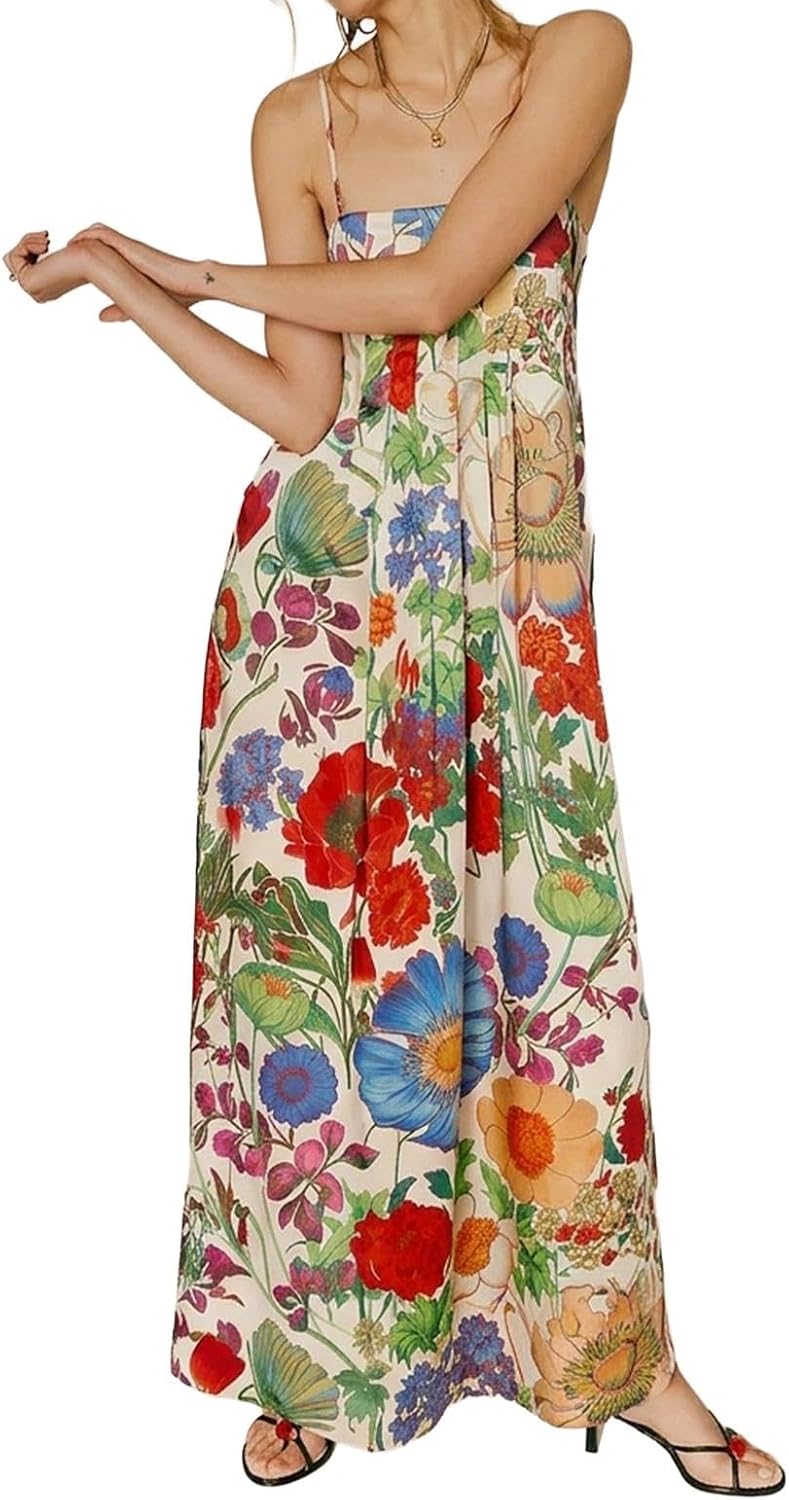 ABYOVRT Women Boho Floral Maxi Dress Backless Spaghetti Strap A-Line Flowy Summer Vacation Long Dress