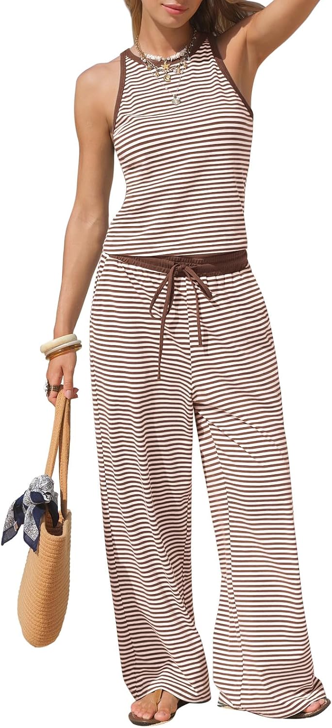 EXLURA Womens Cotton Summer 2 Piece Outfits Striped Halter Tops Matching Wide Leg Pant Sets Lounge Tracksuits Vacation Travel
