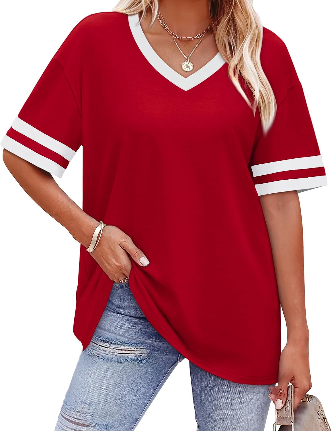 WIHOLL Womens T Shirts Loose Fit Short Sleeve Tees V Neck Color Block Summer Tops 2026 Fashion S-4XL