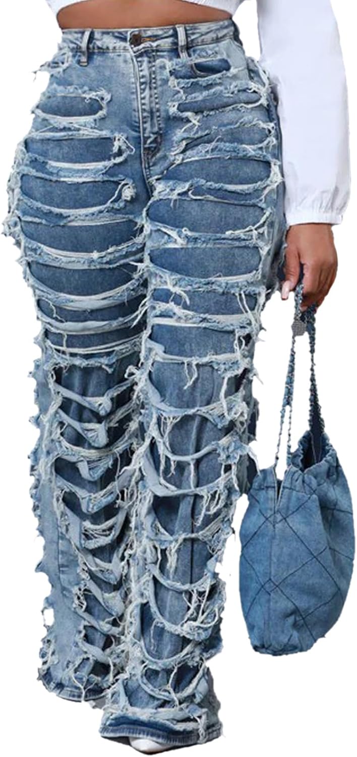 Skinny Bell Bottom Jeans for Women High Waisted Elastic Ripped Hole Flare Jeans Classic Denim Pants