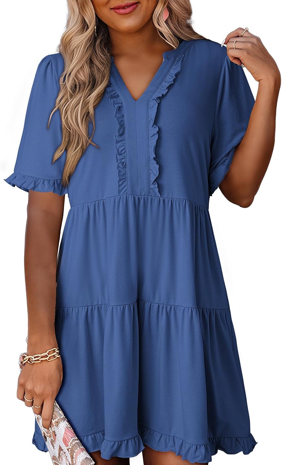 Dokotoo Womens Summer Dresses 2026 V Neck A Line Short Sleeve Casual Ruffle Babydoll Mini Dress