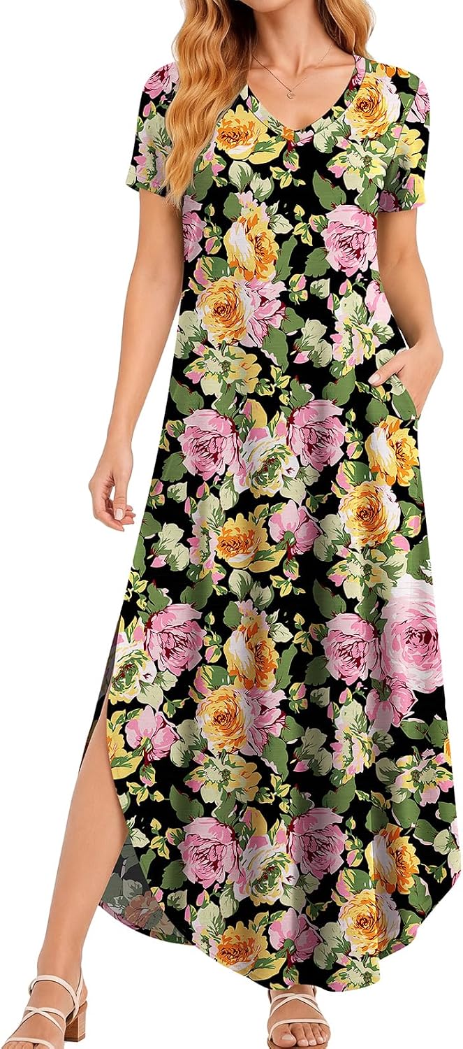 Women’s V-Neck Short Sleeve Maxi Sundress Summer Floral Boho Beach Dress with Pockets